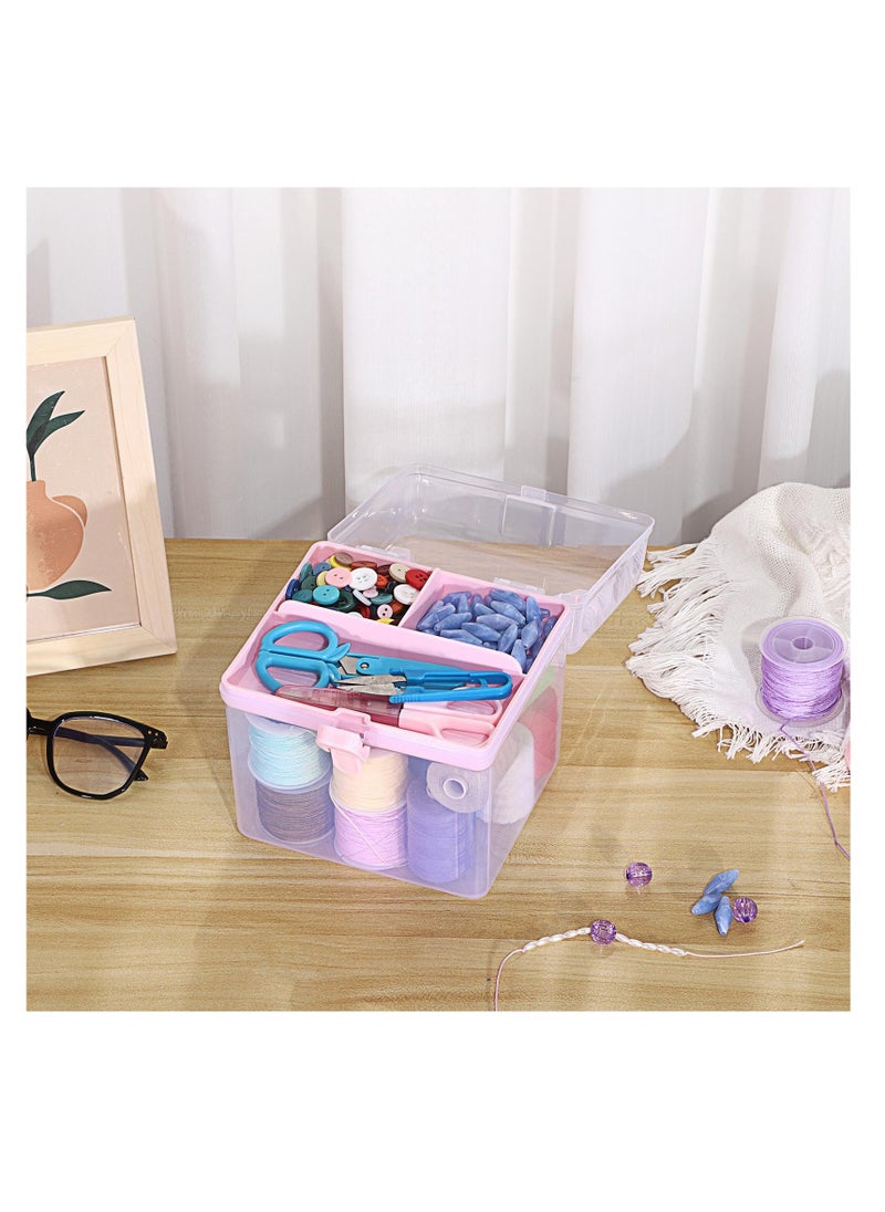 SYOSI - Multipurpose Plastic Craft Storage Containers - Clear Plastic Storage Box with Removable Tray, Lid & Handle, Easy to Carry & Stack - Perfect for Small Items, 6.3'x5.6'x6.3‘, (Pink,2PCS) - Image 1