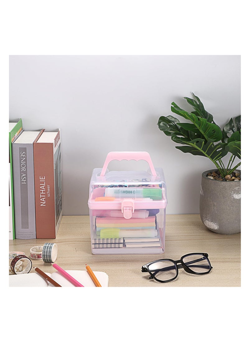 SYOSI Multipurpose Plastic Craft Storage Containers - Clear Plastic Storage Box with Removable Tray, Lid & Handle, Easy to Carry & Stack - Perfect for Small Items, 6.3'x5.6'x6.3‘, (Pink,2PCS)  - Image 3