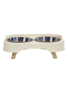 MAJIBAO Pet feeder with Stainless bowls, Durable plastic stand, Cat food and Water dish set, Spill-proof pet feeder for Cats and small dogs 33 cm (Beige)  - Image 1