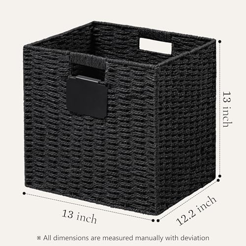 UBBCARE 4 Pack Wicker Basket, 13×13 Storage Cubes with Label, Foldable Cube Storage Bin with Handle, Square Storage Basket for Shelves, Woven Paper Rope Basket for Organizing, Black - Image 2