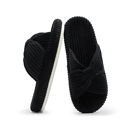 Chantomoo Slippers for Women Memory Foam House Bedroom Corduroy Bow Crossbands Slide Slipper Shoes Comfy Trendy Gift Slippers Black Size 9 10 8.5 - Image 3