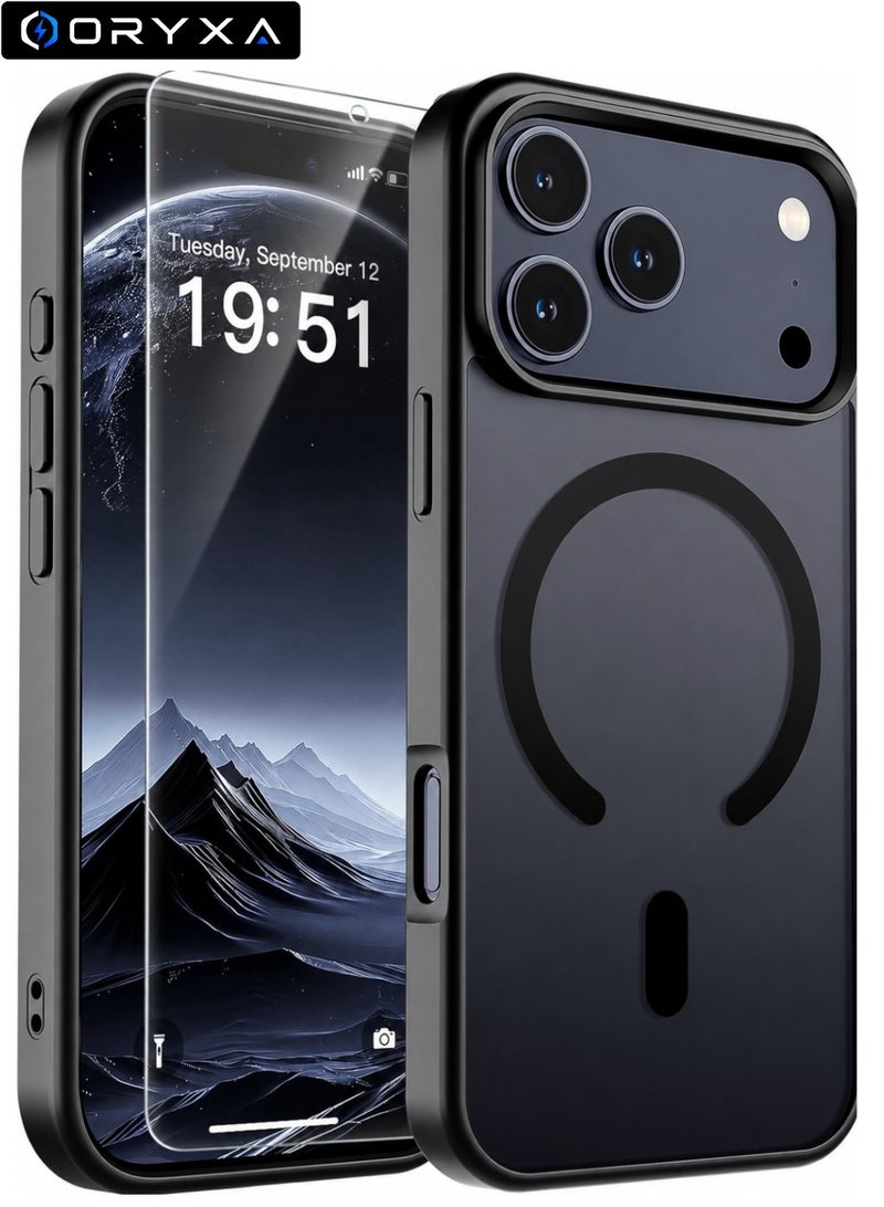 ORYXA iPhone 17 Pro Case, 2 IN 1 Magnetic Phone Cover + Screen Protector, For iPhone 17 Pro, Compatible with MagSafe, Translucent Matte Shockproof Cover, Slim Full Protection, Black - Image 1