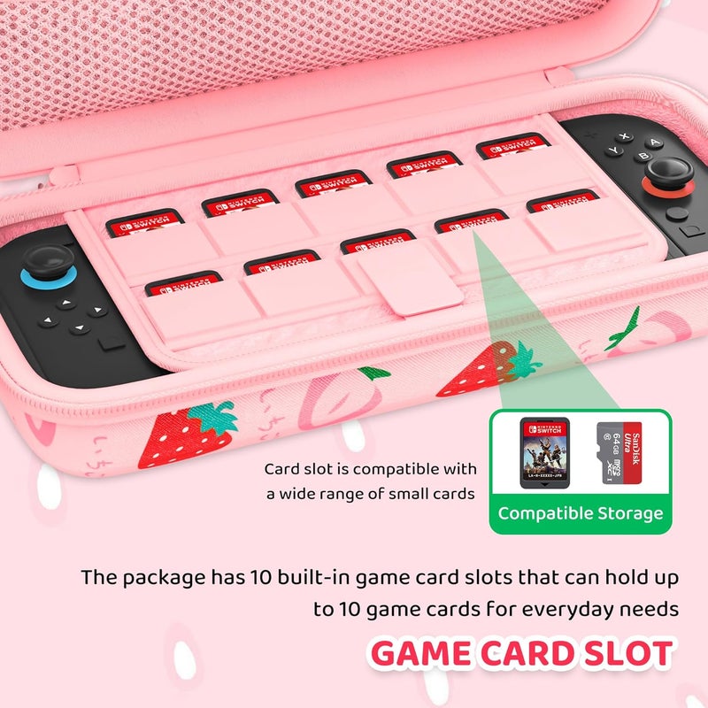 FANPL حقيبة حمل FANPL اللطيفة لجهاز Nintendo Switch 2، مجموعة ملحقات واقية مع غطاء سفر، غلاف صلب، حزام كتف قابل للتعديل، مقابض للإبهام، حامي شاشة (وردي فراولة) - Image 4