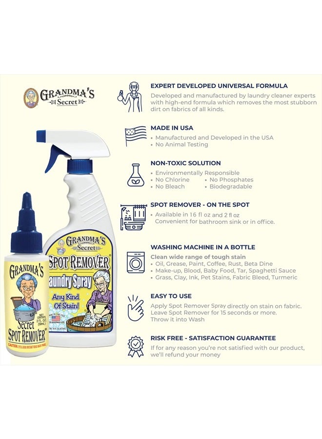 Grandma's Secret رذاذ إزالة البقع من الغسيل - خالي من الكلور والمبيضات والسموم للملابس - مزيل بقع الأقمشة يزيل الزيت والدهان والدم وبقع الحيوانات الأليفة - 16 أونصة و 2 أونصة مجموعة مزدوجة - Image 2