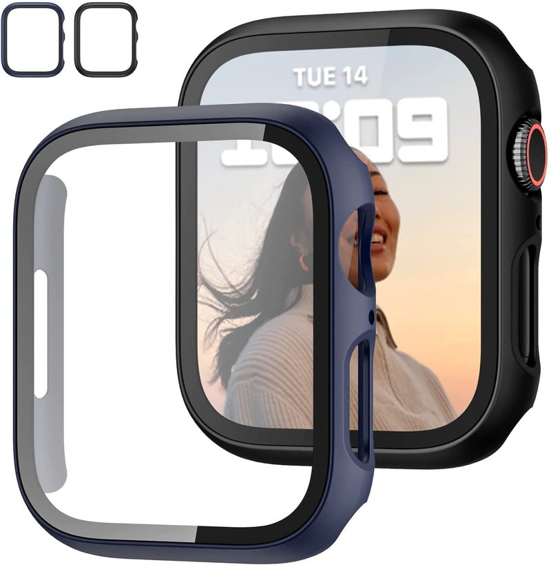 AWH Apple Watch Series 7 41/45mm 2-Pack Case with Tempered Glass Screen Protector, Slim Bumper Hard PC Ultra-Thin Cover, 41mm Black+Blue - Image 2