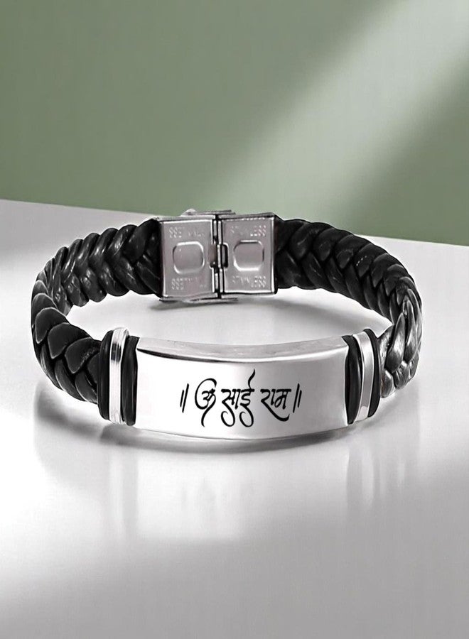 M Men Style Religious Om Sai Ram Bracelet For Men Stylish Latest Fashion Leather Hand Bracelet Steel Buckle Clasp Braided For Men And Boys Wrist Band SBr2025332 - Image 4