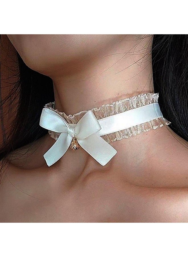 JEAIRTS Gothic Lace Choker Necklace With Bell Velvet Bow-Knot Necklaces Lolita Party Costume Chain Necklace For Women And Girls (2-White)  - Image 1