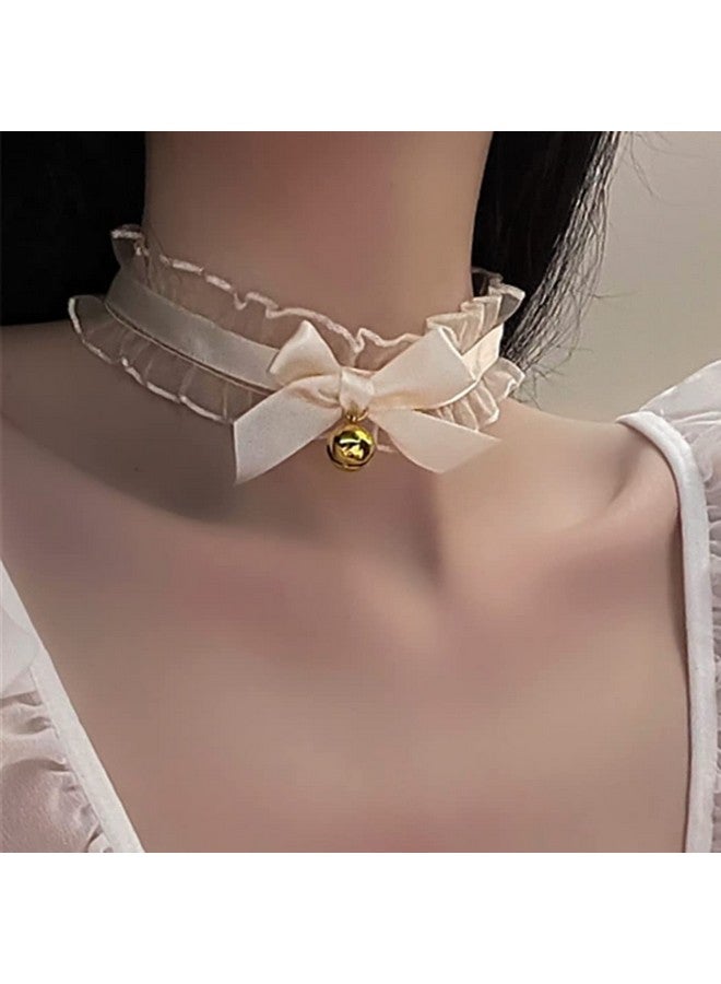 JEAIRTS Gothic Lace Choker Necklace With Bell Velvet Bow-Knot Necklaces Lolita Party Costume Chain Necklace For Women And Girls (2-White)  - Image 4