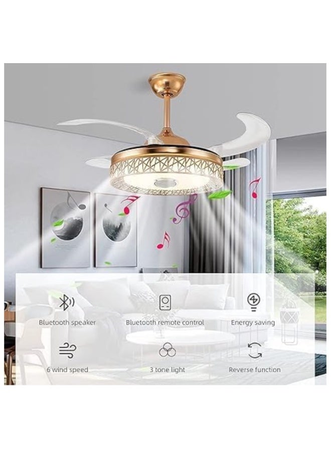 Luxury Ceiling Fan with LED Light & Bluetooth Speaker – Retractable Blades, Remote Control, 6 Speed Wind, 3-Tone Dimmable Lighting, Energy-Saving Smart Fan with Reverse Function for Modern Homes - Image 2