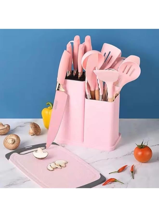 Executive LLC Premium Silicone Cooking Utensils, Non-stick Kitchen Utensil Set, Wooden Handle Non Toxic BPA FreeKitchen Utensil Set 19 Piece Cooking Tools Kit Includes Knives, Spatulas, Spoons, Ladles for Professional Chefs or Home Cooks(Pink) - Image 3