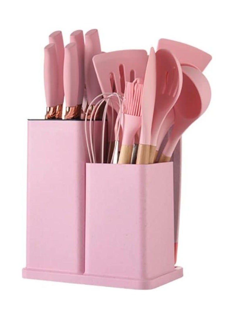 Executive LLC Premium Silicone Cooking Utensils, Non-stick Kitchen Utensil Set, Wooden Handle Non Toxic BPA FreeKitchen Utensil Set 19 Piece Cooking Tools Kit Includes Knives, Spatulas, Spoons, Ladles for Professional Chefs or Home Cooks(Pink) - Image 1