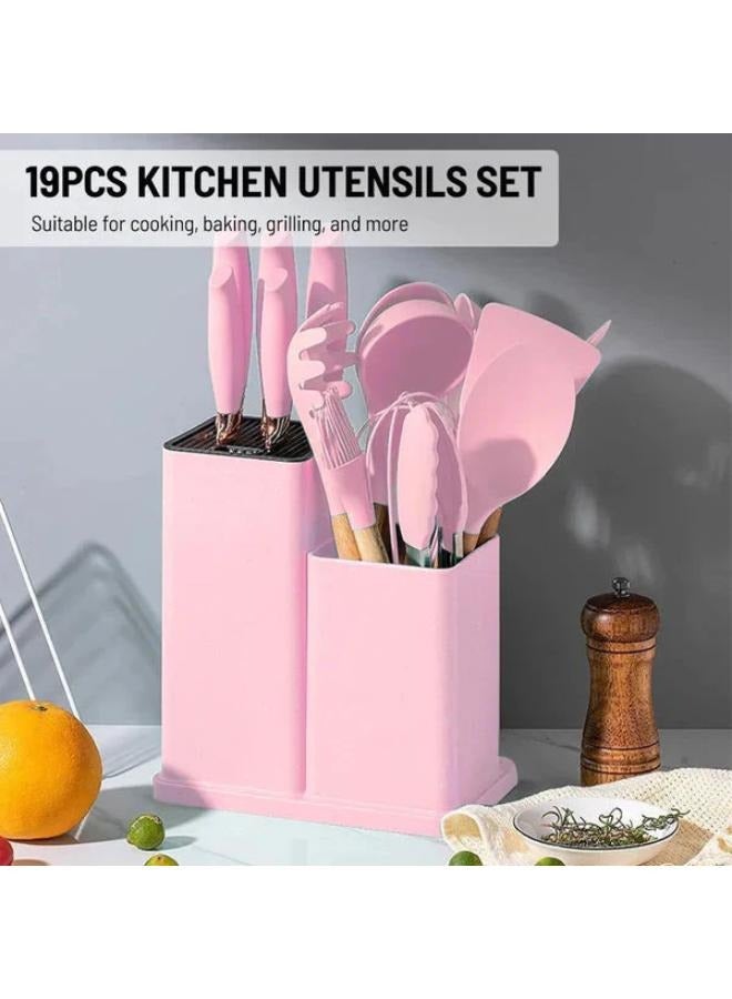 Executive LLC Premium Silicone Cooking Utensils, Non-stick Kitchen Utensil Set, Wooden Handle Non Toxic BPA FreeKitchen Utensil Set 19 Piece Cooking Tools Kit Includes Knives, Spatulas, Spoons, Ladles for Professional Chefs or Home Cooks(Pink) - Image 2