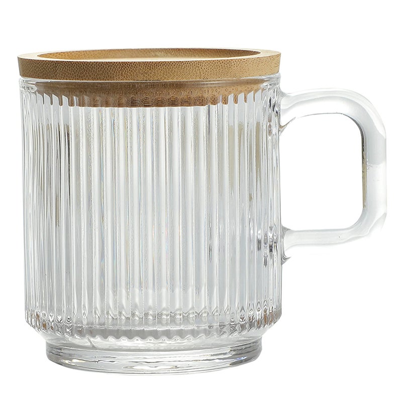 Lysenn Clear Glass Coffee Mug with Lid - Premium Classical Vertical Stripes Glass Tea Cup - for |Latte|Tea|Chocolate|Juice|Water| - Unleaded - Bamboo Lid - 12.5 Ounces - Image 1