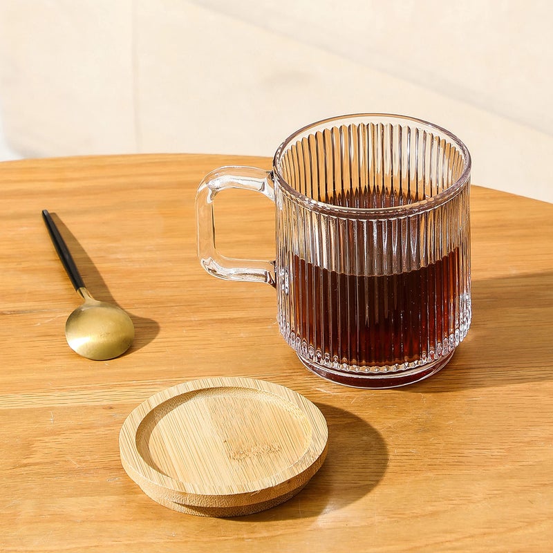 Lysenn Clear Glass Coffee Mug with Lid - Premium Classical Vertical Stripes Glass Tea Cup - for |Latte|Tea|Chocolate|Juice|Water| - Unleaded - Bamboo Lid - 12.5 Ounces - Image 4