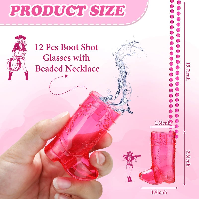 Sieral 12 Pcs Cowboy Boot Shot Glasses on Beaded Necklace Plastic Reusable Cowgirl Shot Boot Glasses Necklace Party Cups for Cowboy Cowgirl Bachelorette Carnival Western Birthday (Transparent Rose) - Image 3