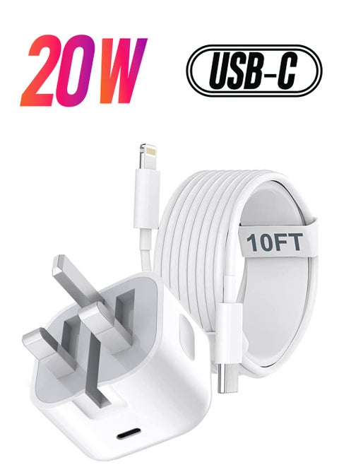 iPhone Fast Charger Plug & Cable 10FT - Apple MFi Certified 20W USB C Charger Adapter with USB C to Lightning Cable
