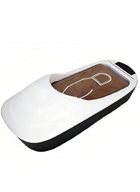 A shoe wrapping device with a transparent cover made of stretchable nylon to wrap shoes safely and tightly. The shoe is placed inside the wrapper, and then the device is turned on to pull the nylon an