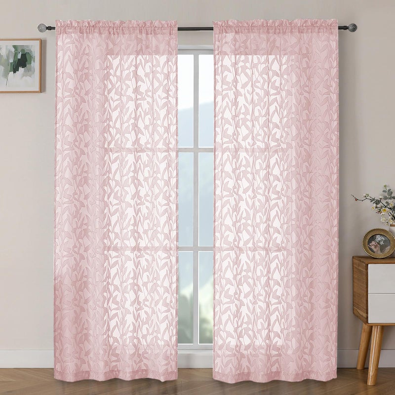 OWENIE Leyna Blush Pink Sheer Curtains 72 Inches Long for Bedroom 2 Panels Set, Light Filtering Clip Jacquard Textured Living Room Curtains, Rod Pocket Leaves Door Drapes, Each 40Wx72L Inch - Image 1
