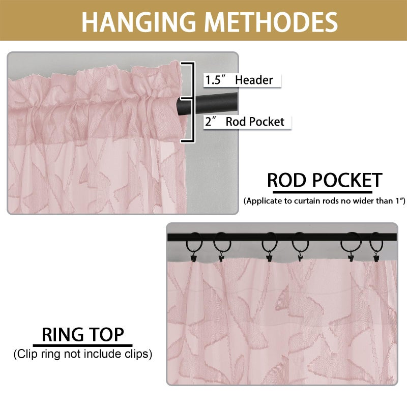 OWENIE Leyna Blush Pink Sheer Curtains 72 Inches Long for Bedroom 2 Panels Set, Light Filtering Clip Jacquard Textured Living Room Curtains, Rod Pocket Leaves Door Drapes, Each 40Wx72L Inch - Image 4