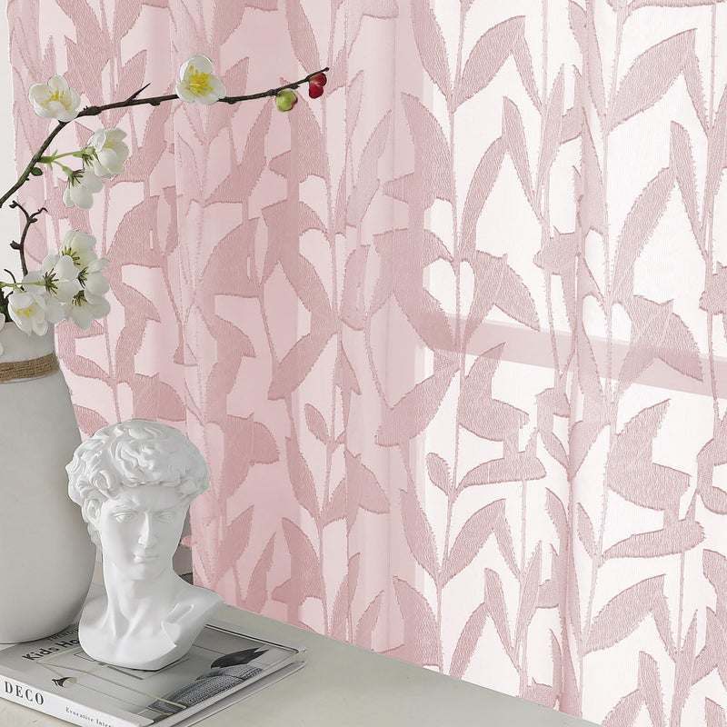 OWENIE Leyna Blush Pink Sheer Curtains 72 Inches Long for Bedroom 2 Panels Set, Light Filtering Clip Jacquard Textured Living Room Curtains, Rod Pocket Leaves Door Drapes, Each 40Wx72L Inch - Image 2