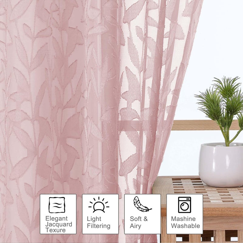 OWENIE Leyna Blush Pink Sheer Curtains 72 Inches Long for Bedroom 2 Panels Set, Light Filtering Clip Jacquard Textured Living Room Curtains, Rod Pocket Leaves Door Drapes, Each 40Wx72L Inch - Image 5