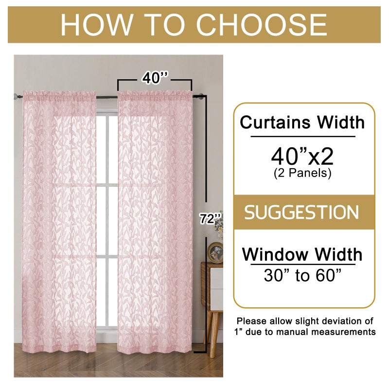 OWENIE Leyna Blush Pink Sheer Curtains 72 Inches Long for Bedroom 2 Panels Set, Light Filtering Clip Jacquard Textured Living Room Curtains, Rod Pocket Leaves Door Drapes, Each 40Wx72L Inch - Image 3