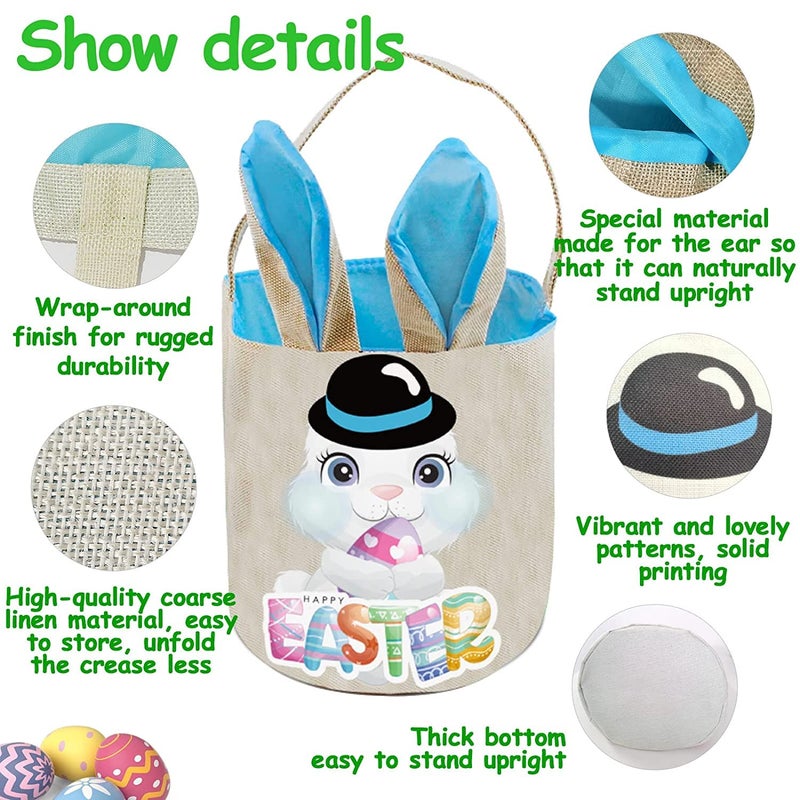 PADELO Easter Basket for Kids, Cute Easter Bucket Stuffers Bags with Bunny Ears for Easter Eggs Hunting, Easter Party Decorations, Candy Gifts Storage, Blue Easter Baskets - Image 2