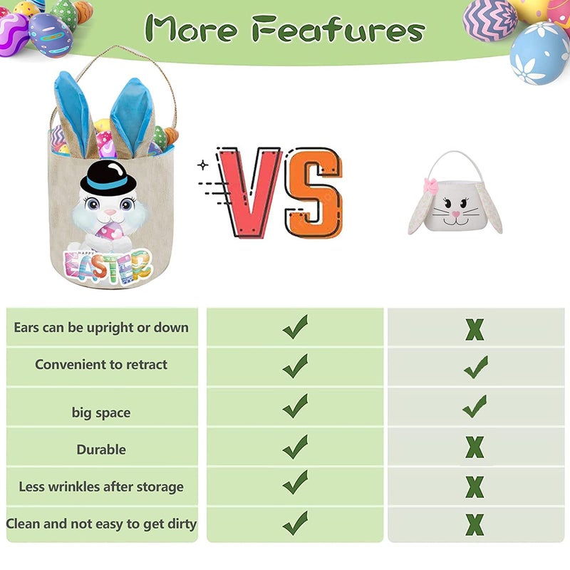 PADELO Easter Basket for Kids, Cute Easter Bucket Stuffers Bags with Bunny Ears for Easter Eggs Hunting, Easter Party Decorations, Candy Gifts Storage, Blue Easter Baskets - Image 4