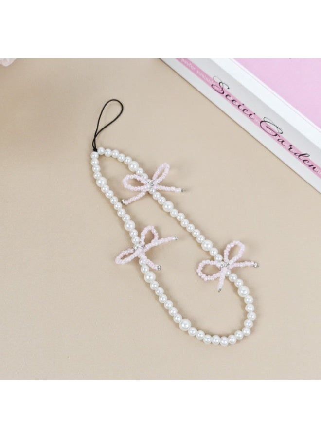 NIBEMINENT Beaded Phone Lanyard, Anti Lost Removable Wrist Strap, Beaded Bow Pearl Bracelet Pendant, Phone Keychain Lanyard，Pink