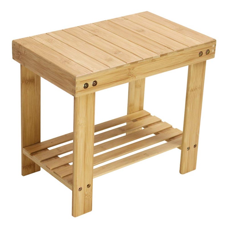 KKTONER Bamboo Step Stool with Storage Shower Bench with Shelf Foot Stool for Bathroom Living Room Bedroom Natural Color - Image 1