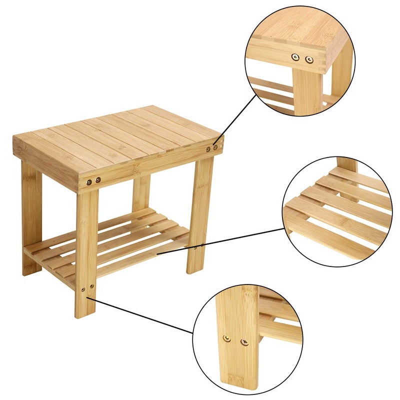 KKTONER Bamboo Step Stool with Storage Shower Bench with Shelf Foot Stool for Bathroom Living Room Bedroom Natural Color - Image 5