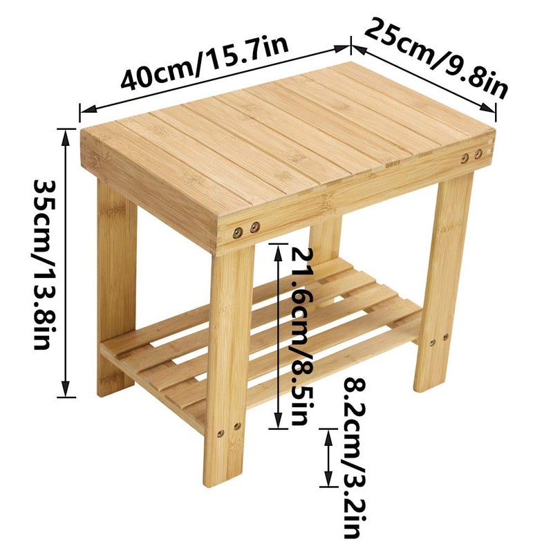KKTONER Bamboo Step Stool with Storage Shower Bench with Shelf Foot Stool for Bathroom Living Room Bedroom Natural Color - Image 2