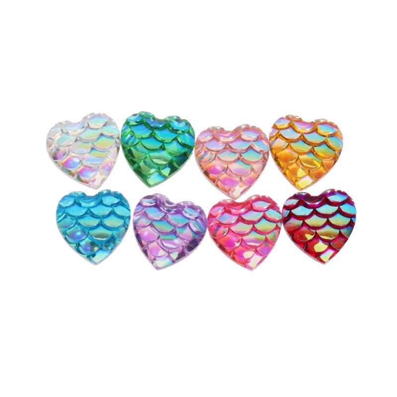50pcs DIY Women Fashion Jewelry Accessories 10mm Bag Accessories Heart-shaped Fish Scale Style Flat-bottom Resin Charm Accessories for Making Necklace (Mixed Color) - Image 5