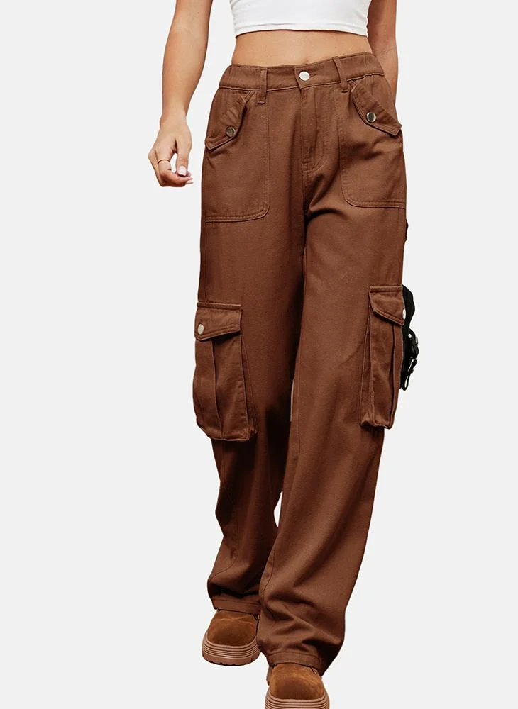 YUNIQEE Brown Regular Fit Mid Rise Plain Cargo Pant