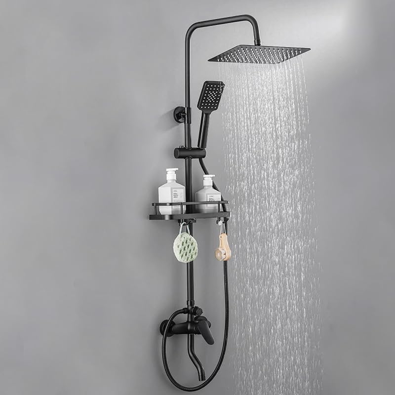 Wall Mounted Shower System - 3-Function Shower Faucet Set with Rain Shower Head, Handheld Sprayer, Tub Spout & Shelf, Black | Extra Includes 30cm Shower Head Extension Bar - Image 1