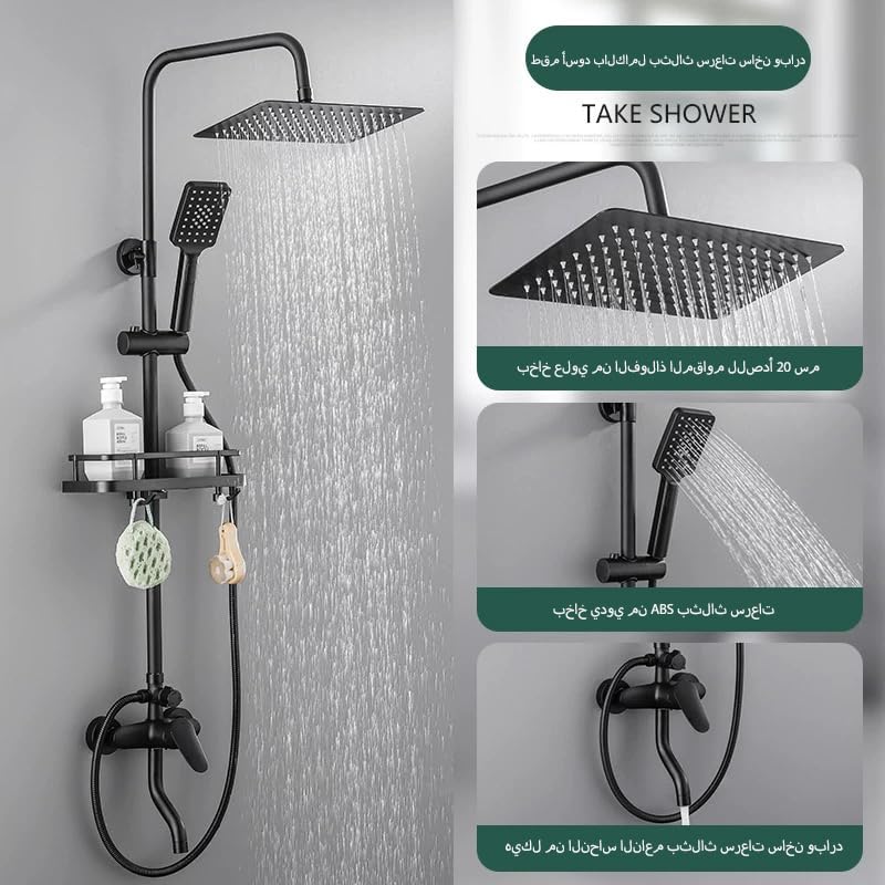 Wall Mounted Shower System - 3-Function Shower Faucet Set with Rain Shower Head, Handheld Sprayer, Tub Spout & Shelf, Black | Extra Includes 30cm Shower Head Extension Bar - Image 3