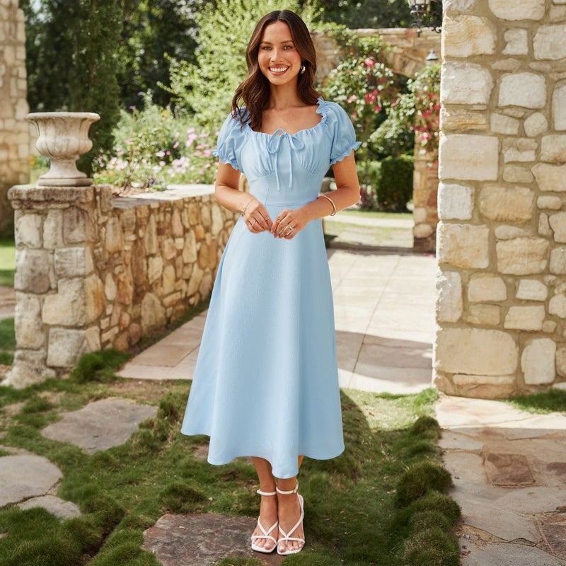 Elegant Plain Square Neck Tie-Waist A-Line Dress - Image 4