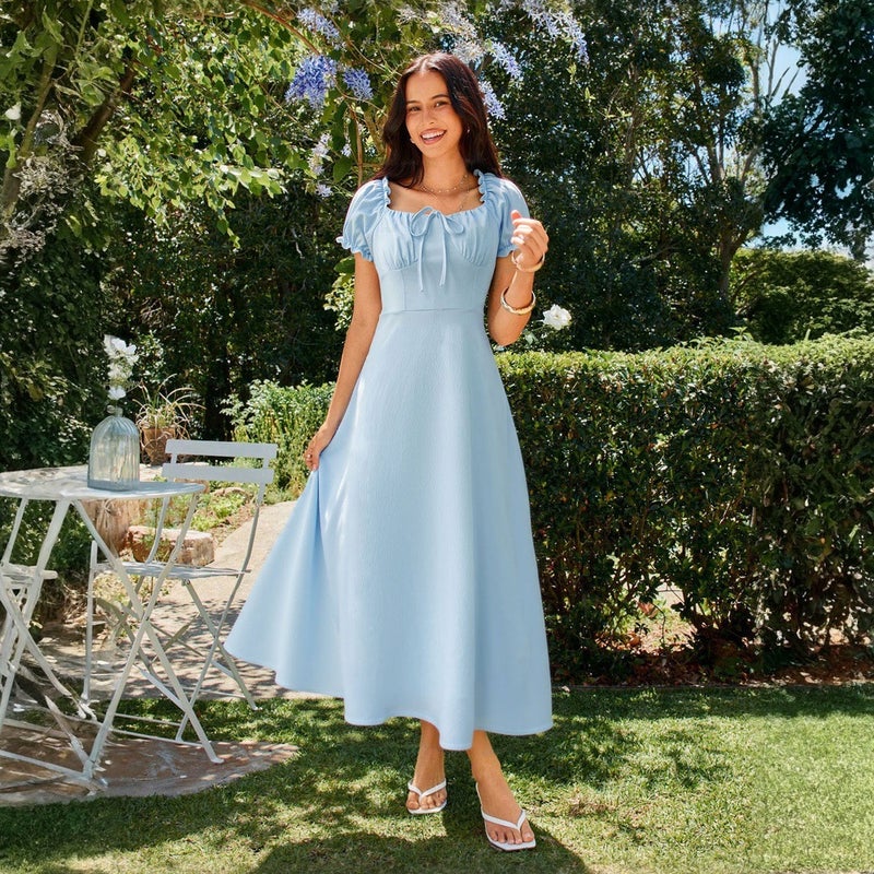 Elegant Plain Square Neck Tie-Waist A-Line Dress - Image 1