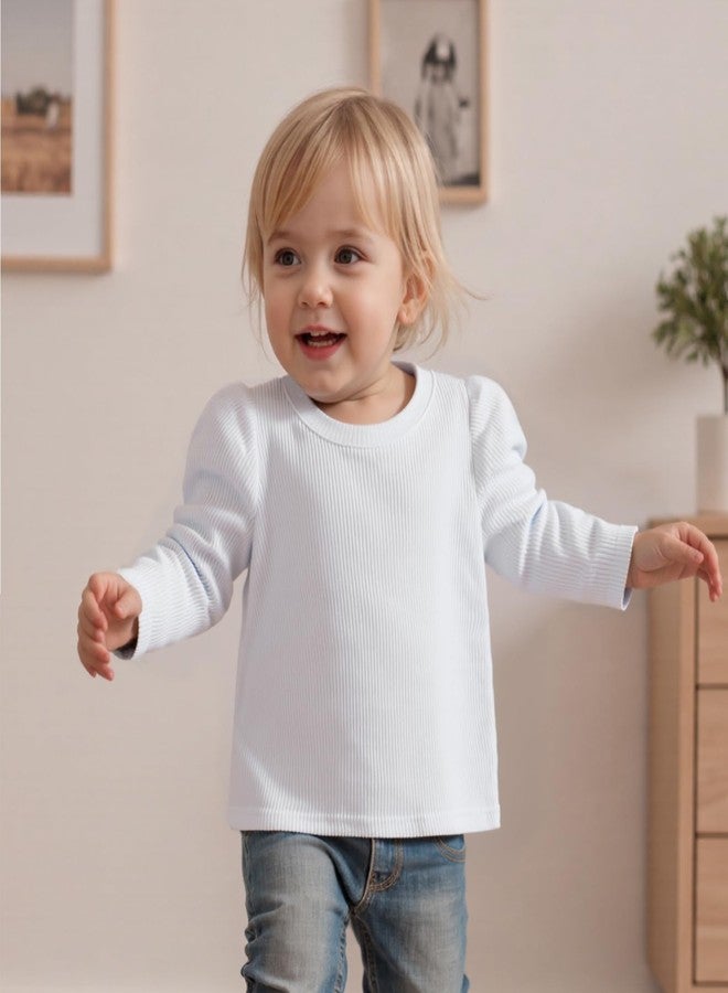 KMBANGI Toddler Baby Girl Plain Shirt Long Sleeve Solid Color Knitted T-Shirt Basic Blouse Kids Casual Pullover Tops Fall (White, 18-24 Months) - Image 3
