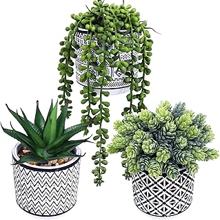 Winlyn Winlyn 3 Pcs Small Potted Succulents Plants Artificial String of Pearls Aloe Hops Succulents in Black Geometric  - Image 1