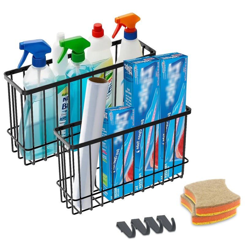 FHJP Cabinet Door Organizer Basket 2 Pack Foil and Plastic Wrap Organizer with 2 Sponges Lid Organizers Inside Cabinet Metal Basket for Kitchen Organizers and Storage Utility Black MediumLarge - Image 2
