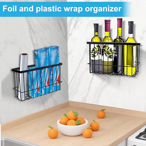 FHJP Cabinet Door Organizer Basket 2 Pack Foil and Plastic Wrap Organizer with 2 Sponges Lid Organizers Inside Cabinet Metal Basket for Kitchen Organizers and Storage Utility Black MediumLarge - Image 3
