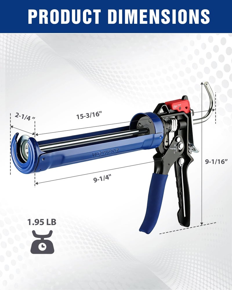 WORKPRO Caulking Gun, Adjustable Hand Caulk Gun, Less-Dripping Regulating, Sealant Silicone Gun with Comfort Grip, 9:1 & 18:1 Thrust Ratio, Smooth Round Rod for 10oz Caulk Tubes - Image 3