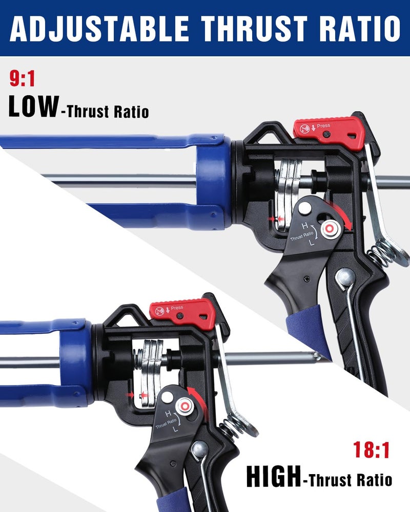 WORKPRO Caulking Gun, Adjustable Hand Caulk Gun, Less-Dripping Regulating, Sealant Silicone Gun with Comfort Grip, 9:1 & 18:1 Thrust Ratio, Smooth Round Rod for 10oz Caulk Tubes - Image 4