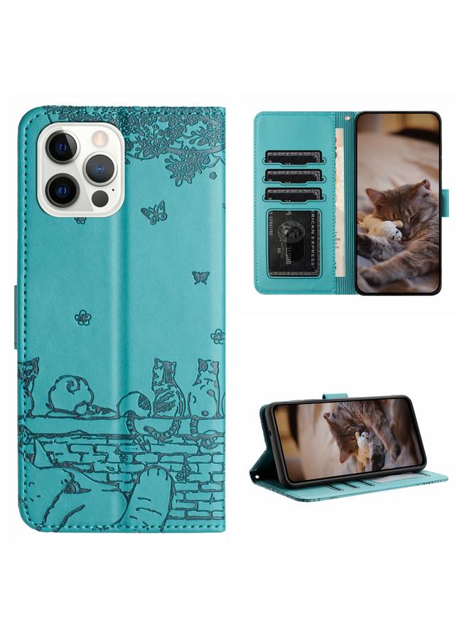 S-TOP Case For iPhone 14 Pro Cat Embossing Pattern Leather Phone Case with Lanyard - Image 1