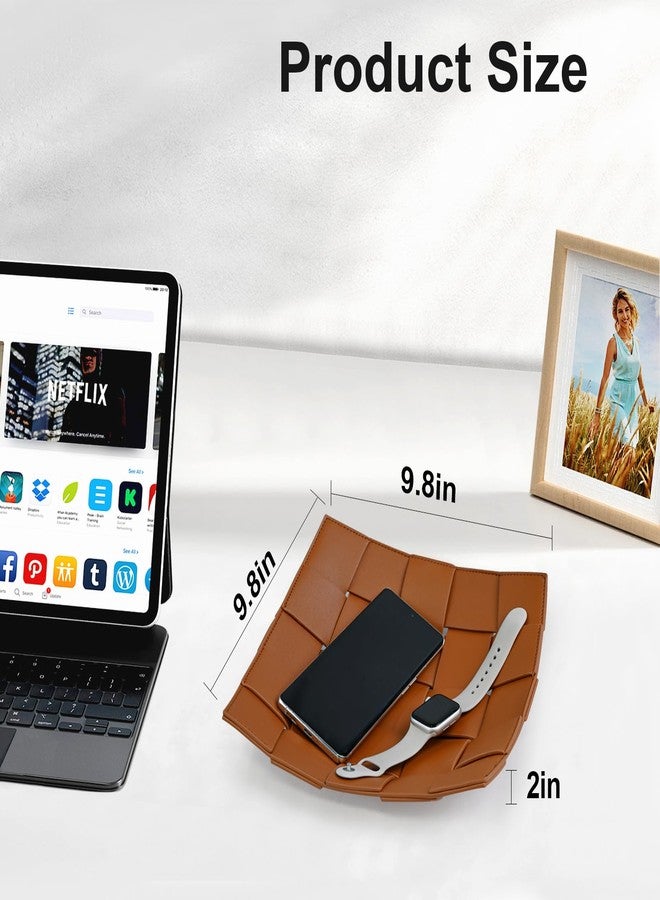 MSJGA Valet Tray PU Leather Key Holder Bowl for Men and Women Entryway Table Nightstand Catchall Storage Organizer EDC Dump Tray for Wallet, Keys, Coins Men's Gift - Brown, 9.8" L x 9.8" W x 2" H - Image 5