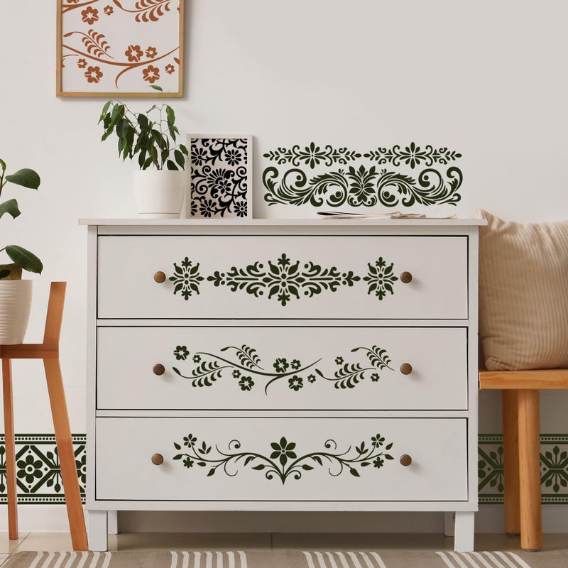 Sitsink Flower Border Stencils for Painting - 12 Pcs Corner Border Stencils for Crafts Reusable, Mexican Art Floral Lace Stencil, Large Wall Stencil for Painting on Wood Wall Canvas - Image 2