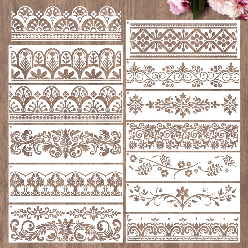 Sitsink Flower Border Stencils for Painting - 12 Pcs Corner Border Stencils for Crafts Reusable, Mexican Art Floral Lace Stencil, Large Wall Stencil for Painting on Wood Wall Canvas - Image 1