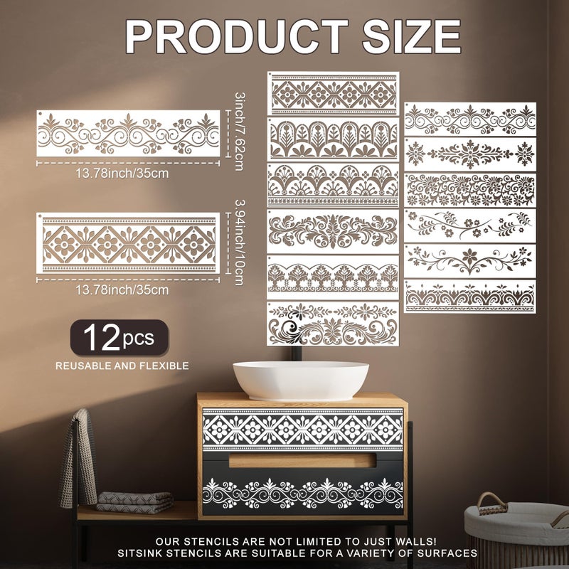 Sitsink Flower Border Stencils for Painting - 12 Pcs Corner Border Stencils for Crafts Reusable, Mexican Art Floral Lace Stencil, Large Wall Stencil for Painting on Wood Wall Canvas - Image 4