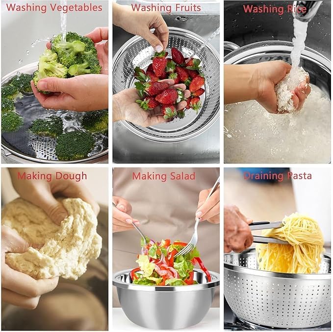samusagya Microporous Strainers and Colanders with Mixing Bowls Set, Used for Rice Washing, Pasta Straining, Vegetable Cleaning, and Fruit Draining - Image 4